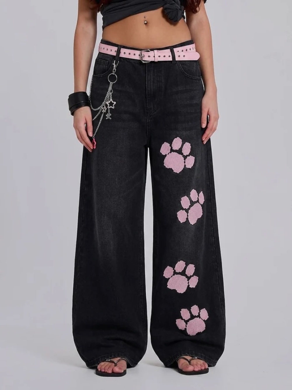 Y2K Black Pink Paw Print Baggy Wide Leg Jeans M